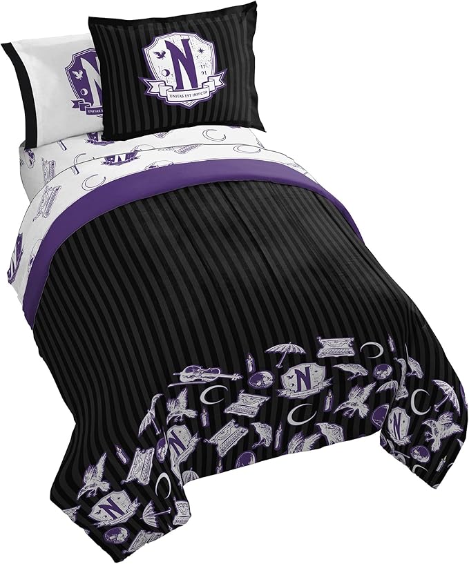 Jay Franco Wednesday Addams Twin Comforter Set 5 Piece Bedding Includes Sheet Set & Pillow Covers - Black and Grey Stripes Super Soft Kids Bedding