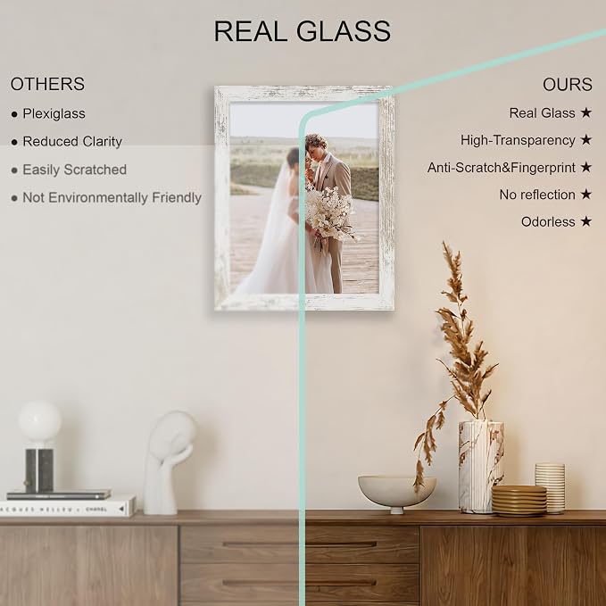 Hongkee 10x13 Picture Frame Set of 4, Made of Real Glass and Distressed White Frame, 10 by 13 Photo for Wall or Tabletop - Display Picture 8.5x11 with Mat or 10x13 Without Mat