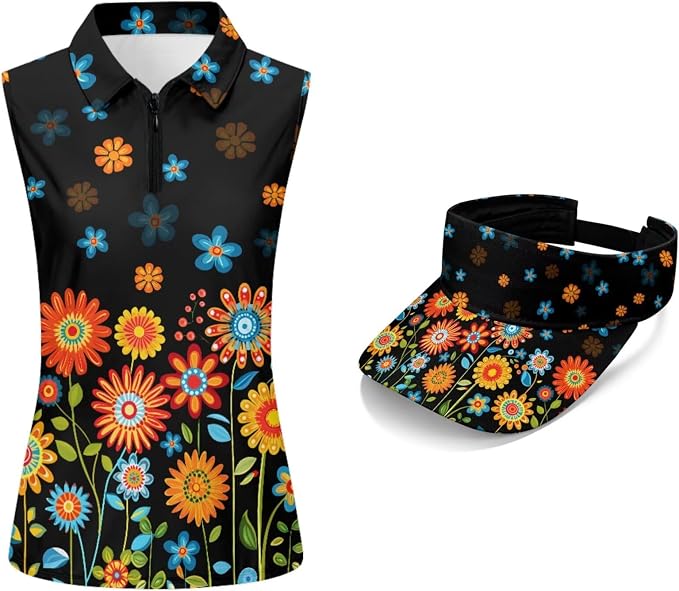 POLERO Golf Tank Top Women Golf Shirts and Visor Hat Collared Racerback Tennis Shirt Set Quarter Zip