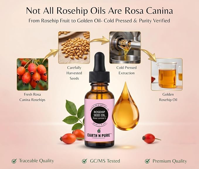 Earth N Pure Rosehip Seed Oil | 100% Pure Natural Cold Pressed Carrier Oil | Premium Quality for Face, Hair, Skin, Nails, Body Massage & DIY Beauty Care | Hexane Free | 30ml