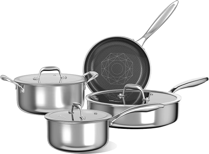 COOKER KING 7pcs Stainless Steel Cookware Set, Hybrid Pots and Pans Set | Non Stick, Non-Toxic, PFOA Free, Oven Safe, Induction Compatible