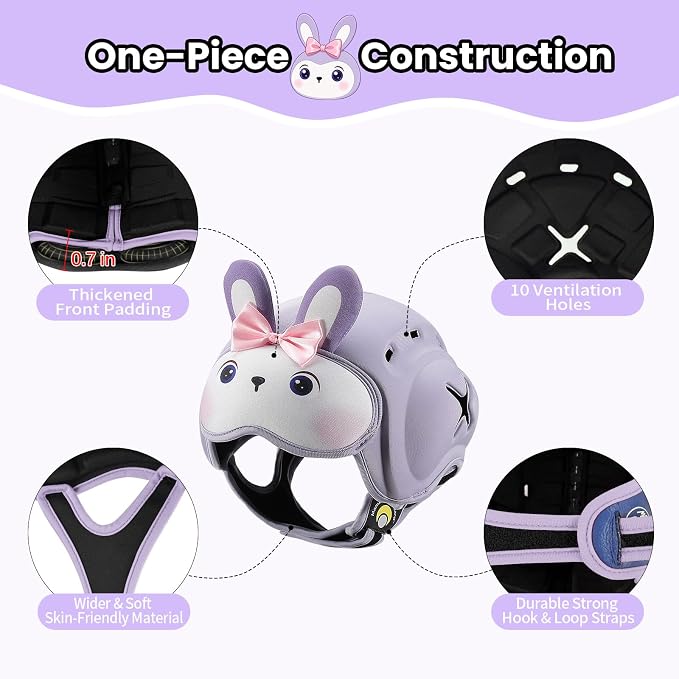 Baby Head Protector Baby Helmet for Crawling and Walking - No Bumps and Soft Safety Peak - Ultra Light and Adjustable Baby Head Protector Suitable for Babies 6-24 Months-Violet Bunny