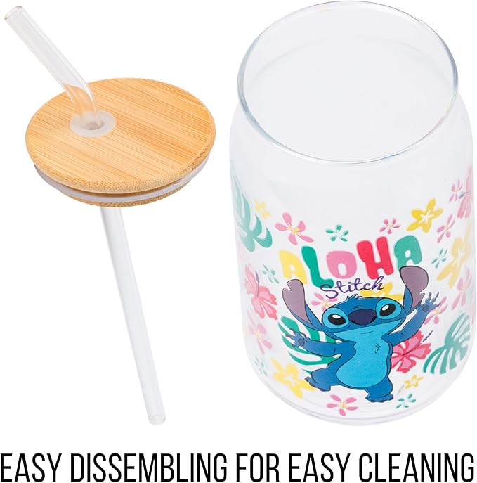 Silver Buffalo Disney Lilo and Stitch “Aloha” Tropical Hawaiian Glass Jar Tumbler with Bamboo Lid and Glass Straw, 16 Ounces