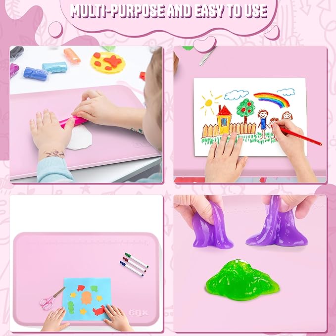 Silicone Art Mat for Crafts, 24" x 16" Painting Mat for Kids with Raised Sides to Stay Tidy, Paint Craft Mats for Clay, Resin, Slime, Jewelry-Making & Crafts Creation (Pink)