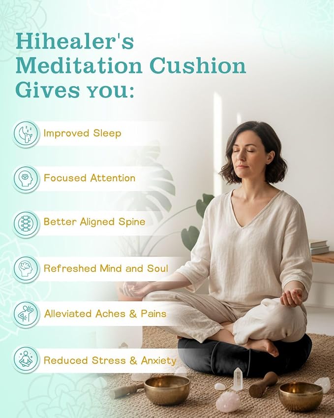 Hihealer Premium Crescent Meditation Cushion, Ergonomic Buckwheat Hull Floor Pillow for Adults, Comfortable Yoga Bolster for Meditation & Floor Sitting (Black)