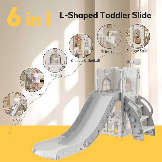 Toddler Slide,Kids Slide Playset for Toddler,Indoor Outdoor Slide Toddler Playset with Storage Space and Non-Slip Steps,Gifts for Boys and Girls 1-3 Years (White Gray)