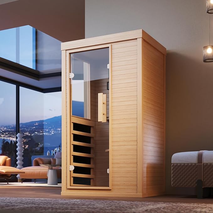 Wood Infrared Sauna, 1 Person Traditional Home Sauna, Canadian Hemlock Indoor Dry Sauna Spa Room for Low EMF with Bluetooth Speakers and Control Panel, 32.67"x 27.55"x 59.44"