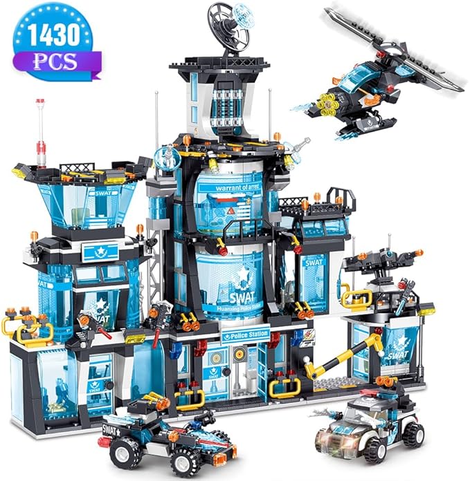 MindBox City Police Station Building Set with Police Car & Helicopter,1430pcs Building Block Toy for Boys 8-12