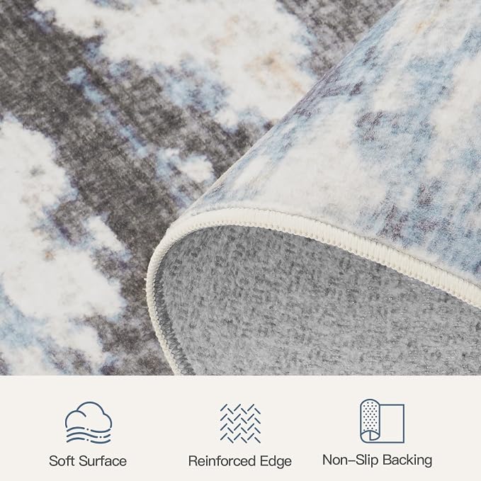 8x10 Area Rug for Living Room, Abstract Washable Large Rugs, Grey/ Blue | Neutral Carpet for Bedroom, Dining Room, Home Office Nursery, Indoor, Stain Resistant, Non-Slip, Low Pile, Modern Rug