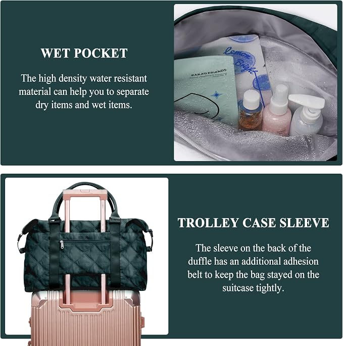 Travel Duffel Bag, Carry On Overnight Weekender Bags for Women | Travel Bag with Wet Pocket & Trolley Sleeve, For Spirit Airlines 18x14x8 Personal Item Bag