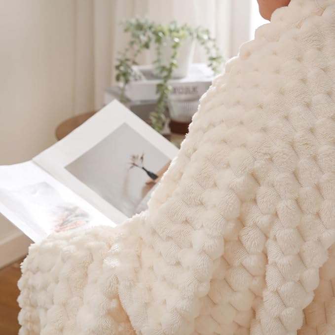 Cream White Throw Blanket 50"×60" inches Fuzzy 3D Jacquard Decorative | Flannel Fleece Super Soft Plush Cozy Blanket for Couch Sofa Chair Lightweight