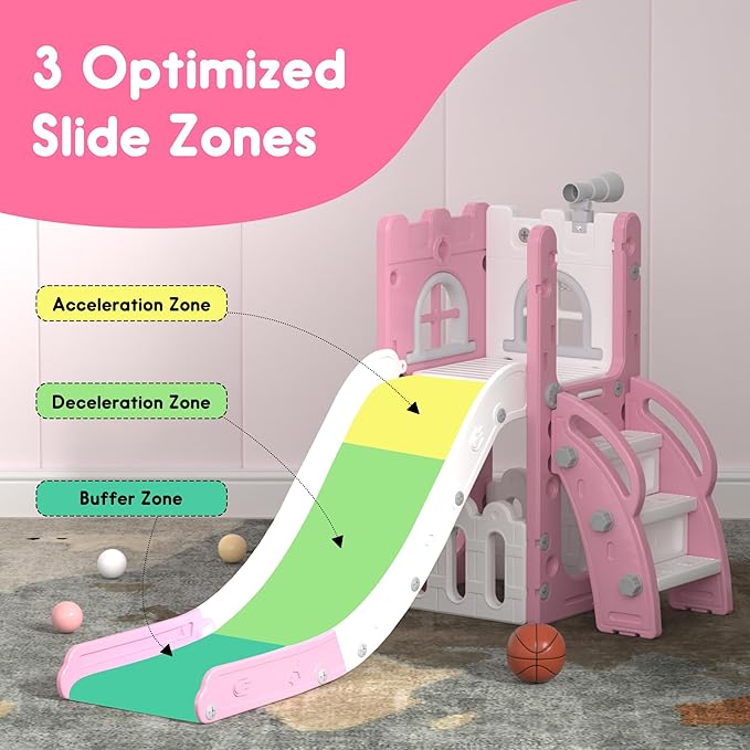 6 in 1 Toddler Slide Playset, Kids Indoor Outdoor Playground with Basketball Hoop,Storage and Telescope,Toddler Climber Slide Activity Center