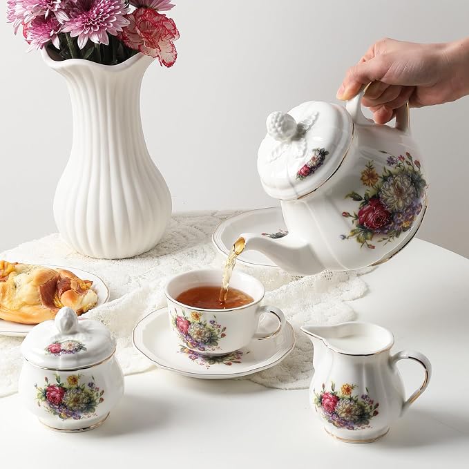 Sweejar 23 Pcs Floral Tea Sets with Metal Holder, Relief Gold Rim Porcelain Tea Sets for Adults, Cup and Saucer Set for 6, with Teapot, Sugar Bowl, Milk Jug, Spoons (Flower Style)