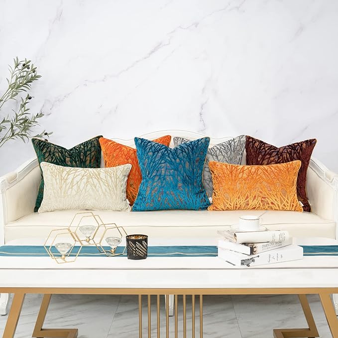 Beige Throw Pillow Cover Velvet Cushion Cover Branches Rectangular Neutral Pillowcase for Sofa Couch Bedroom Living Room, 12x20 Inch