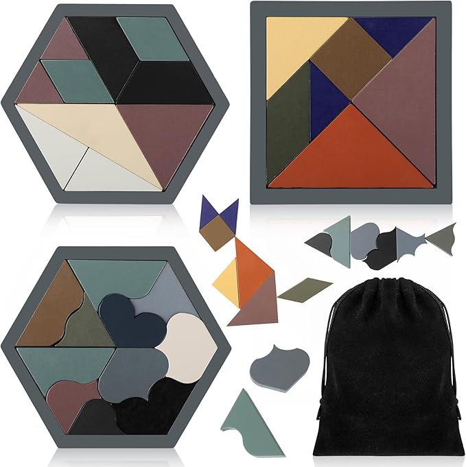 Yunsailing 3 Pack Hexagon Tangram Puzzle Wooden Brain Puzzles with Storage Bag Challenge Wood Russian Blocks Brain Teasers Geometric Jigsaw Block Logic Iq Stem for Family Party Gift (Stylish)