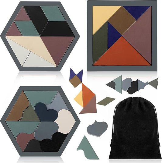 Yunsailing 3 Pack Hexagon Tangram Puzzle Wooden Brain Puzzles with Storage Bag Challenge Wood Russian Blocks Brain Teasers Geometric Jigsaw Block Logic Iq Stem for Family Party Gift (Stylish)