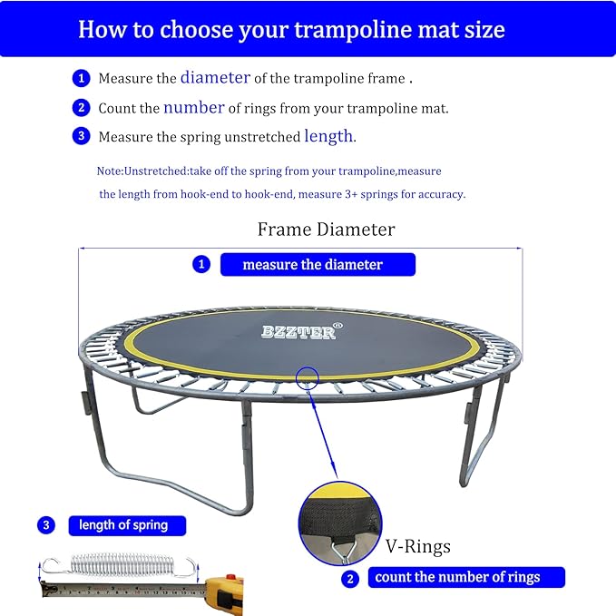 Trampoline Replacement Mat,Fits 15ft Round Frame with 90/96/100/108 Rings,Fits 5.3-8.5" Springs,Longer Lasting with 10 Rows of Stitches,w/Pull Hook and Gloves,（13ft-13.4ft Trampoline Mat