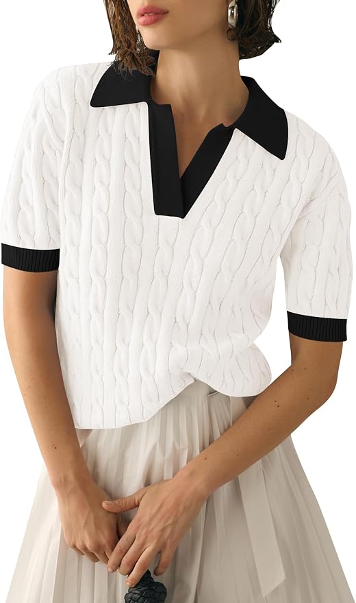 Micoson Womens Short Sleeve Sweater Tops Lapel V Neck Polo Shirts 2026 | Summer Cable Knit Loose Blouses, Business Casual Outfits