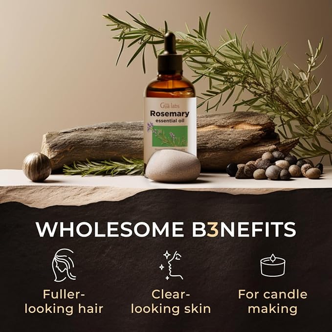 Rosemary Essential Oil 4 Fl Oz for Hair Care Aromatherapy Diffuser and DIY | Leaf extracted formula, suitable for frizzy hair, scalp, skin and nails, for relaxing massage, DIY candle scent making