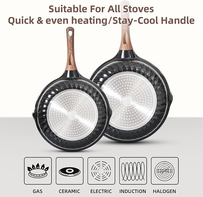 Vinchef 10" & 12" Nonstick Ceramic Frying Pan Set with Lids, 2-Pack | Black German 3C+ toxin-free ceramic PFOA/PTFE-free Induction/gas compatible Heat indicator handles Lightweight die-cast set