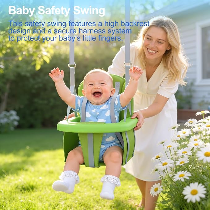JYGOPLA Metal Swing Sets for Backyard, 5-in-1 Kids Swing Set Slide Combo with Saucer Swings, Baby Safety Swing & Basketball Hoop for Ages 3-12