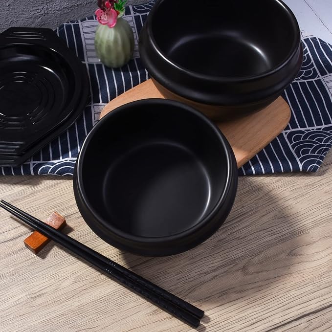 Korean Stone Bowl with Tray, Premium Ceramic Hot Pot for Bibimbap Soup, 27oz Small