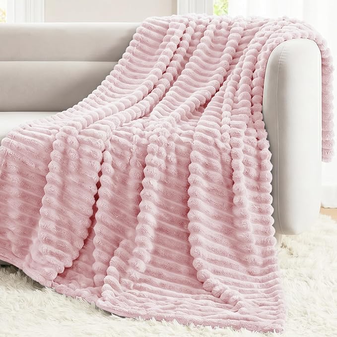 Pink Twin Blanket for Bed & Couch, 60 x 80 Inch | 300GSM Ribbed Fleece Blanket, Soft, Cozy & Lightweight, OEKO-TEX Certified, All-Season Use for Travel, Dorm & Home Decor