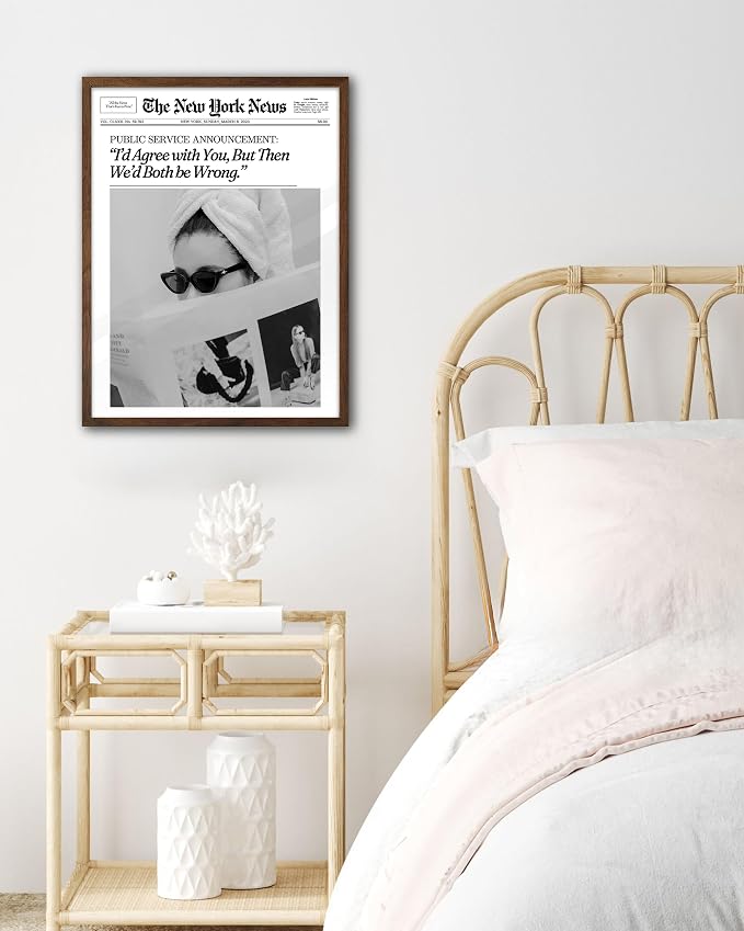 EcoHest 12x16 in Cool Girl Newspaper Framed Wall Art for Bedroom | Walnut Color Solid Oak Frame, Canvas Wall Art, Girly Fashion Magazine Decor for Bedroom, Apartment, Dorm, College Room, 1Pack