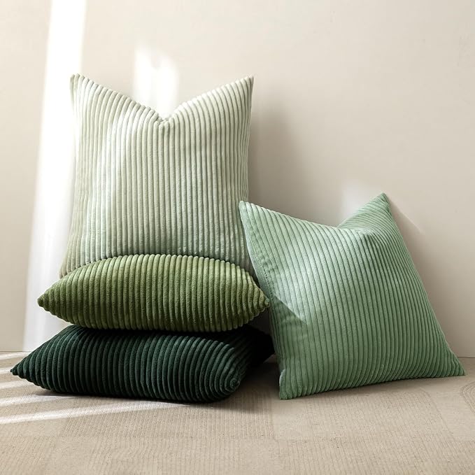 MIULEE Soft Corduroy Decorative Throw Pillow Covers Forest Green 24x24 | Set of 4, Mordern Nordic Home Decor, Gradient Color Matching, Boho Farmhouse Cushion Covers for Couch Bed Sofa Living Room