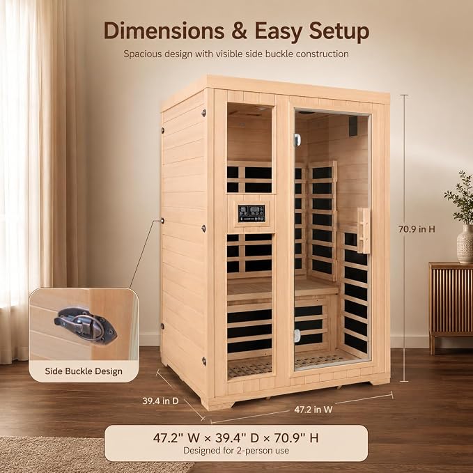 2-Person Infrared Sauna, Indoor Home Sauna Room Hemlock Wood Sauna Low EMF Far Infrared Heating with Tempered Glass Door Bluetooth Speakers, Chromotherapy Lights for Family（110V, 1850W）Truck delivery