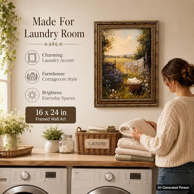 Laundry Room Wall Art, Vintage Gold Framed Farmhouse Landscape, 16x24in | Retro cottagecore country landscape with carved gold frame for laundry room, washroom, bathroom, or farmhouse home decor