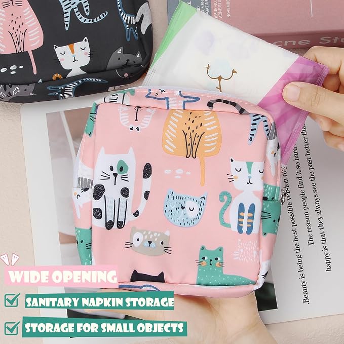Period Bag Sanitary Napkin Storage Bag for Feminine Pads Panty Liners Tampons and Reusable Pads, Sanitary Pads Pouches First Period Kit for Teen Girls/Women 2 Pack (Pink/Grey Cat)