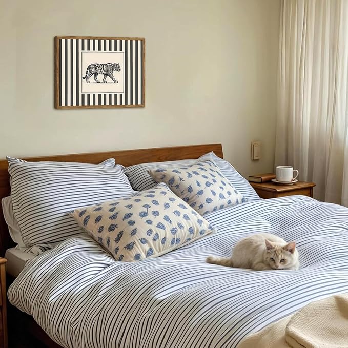 Vintage Tiger Wall Art Wildlife Wall Decor Pictures Black and White Stripe Jungle Animal Poster Canvas Painting Print for Bedroom Living Room Bathroom 16x24 inch Wood Framed