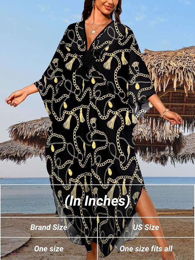 ChiaoLezhee Print Moo-Moos for Women, Kaftan Cover-Up Dresses, Sexy V-Neck High-Slit, Beach Pool-Party Coverups Muumuu Plus