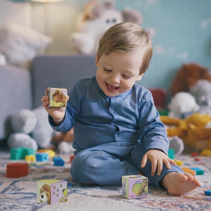 GOKI Wooden Cube Puzzles for Toddlers 2-4 Inspired Montessori Toy 6-in-1 Animal Toddler Puzzle - 4 Wooden Cubes - Educational Toy for Kids Ages 2+ Farm-Themed - Designed with Love in Germany