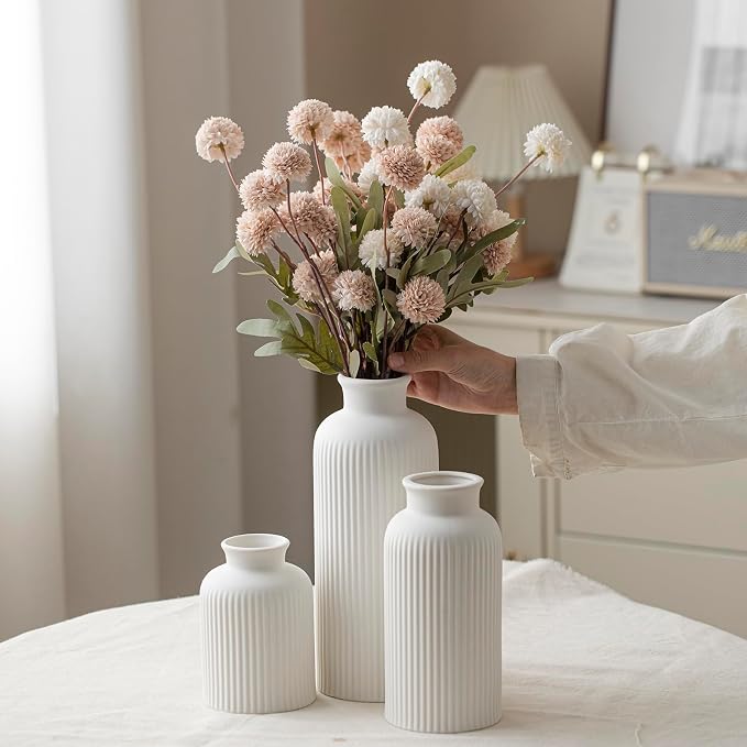 Large Modern Ceramic Vase Set, White Ribbed Matte Design, 3-Piece Decorative Vases for Home, Living Room, Office (XL White)
