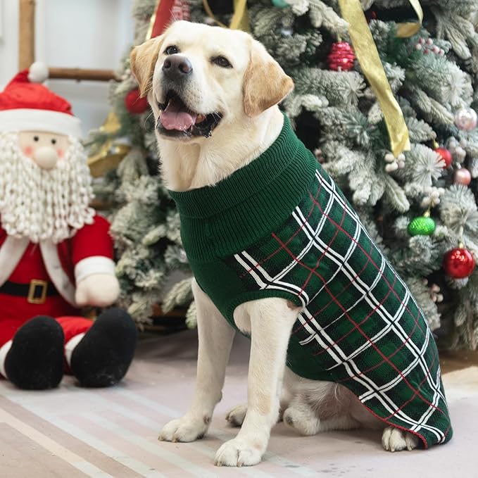PUPTECK Dog Sweaters for Large Medium Small Dogs - Fall Classic Plaid Style Puppy Holiday Winter Coat Clothes Warm, Green, SM