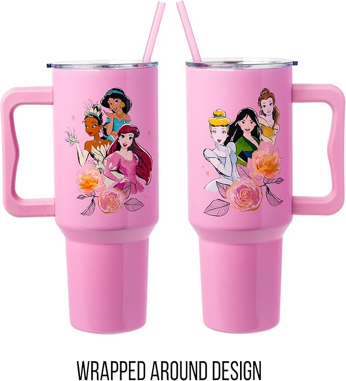 Silver Buffalo Disney Princess Featuring Cinderella, Mulan, Belle, Ariel, Tiana, and Jasmine Double Walled Stainless Steel Tumbler with Handle and Straw, Fits in Standard Cup Holder, 40 Ounces