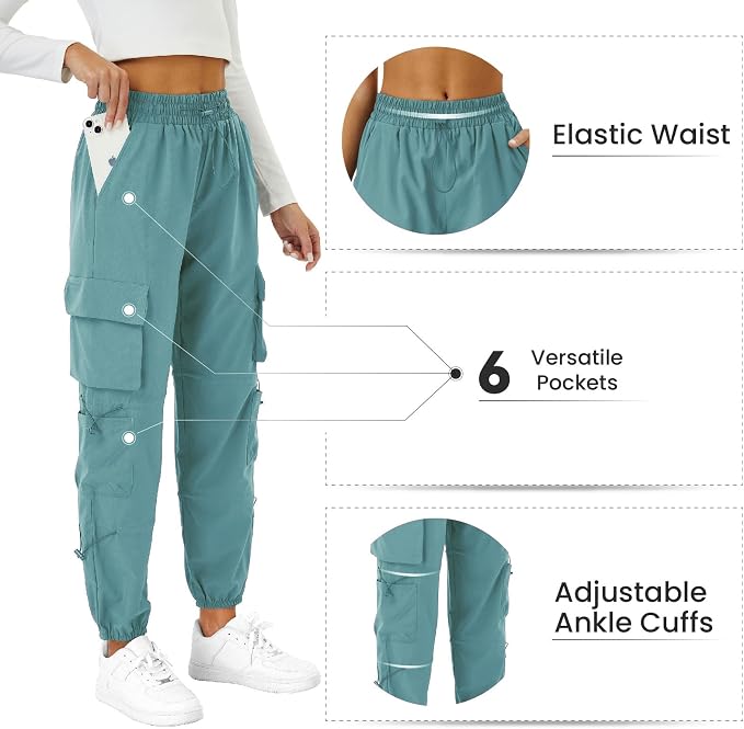 COPYLEAF Womens Parachute Cargo Pants with Pockets Quick Dry Hiking Pants Lightweight Water-Resistant Baggy Joggers