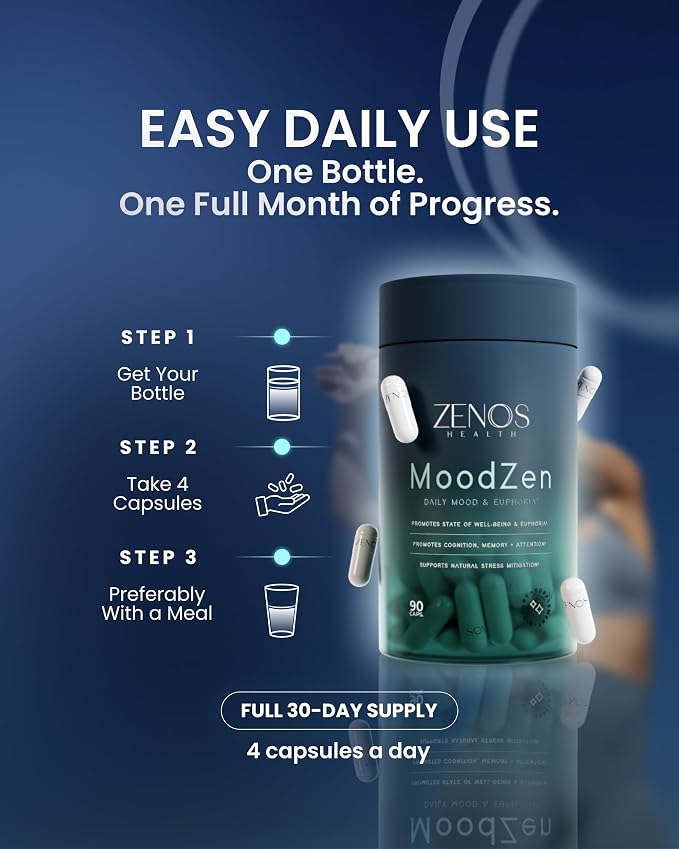 Zenos Health MoodZen Mood Support & Cortisol Reducer Supplement – Powerful Focus Supplement – Natural Formula to Enhance Mind Clarity - Made in USA, 90 Caps