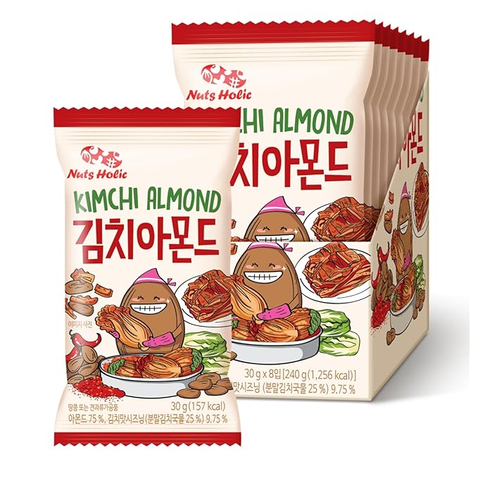Korean Food Nuts Holic Kimchi Almond, Savory & Spicy, 8Pk 1.05 oz Each | Savory and spicy kimchi-flavored seasoned almond snack in convenient individual packs