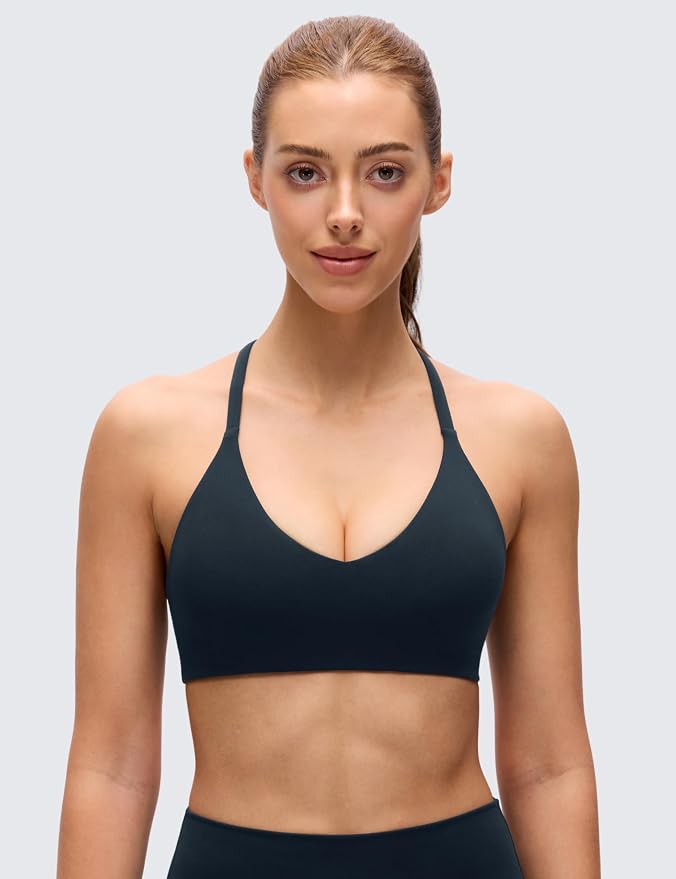 CRZ YOGA Butterluxe Low Coverage V Neck Sports Bras for Women - Spaghetti Straps Racerback Padded Yoga Top
