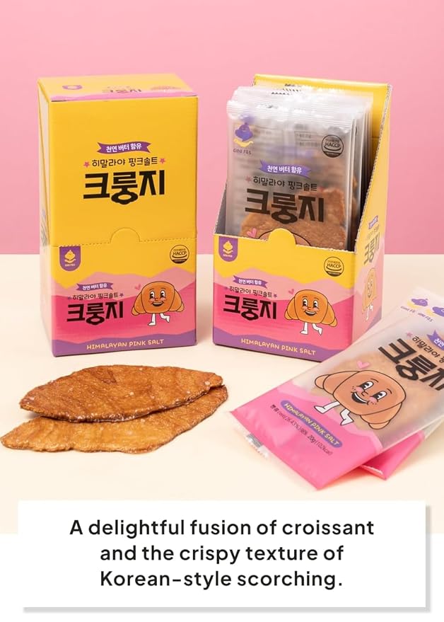 Korean Food Flat Croissant, Himalayan Pink Salt, Crispy Butter, 30 Pack | Crispy layered croissant snack with Himalayan pink salt and rich butter flavor