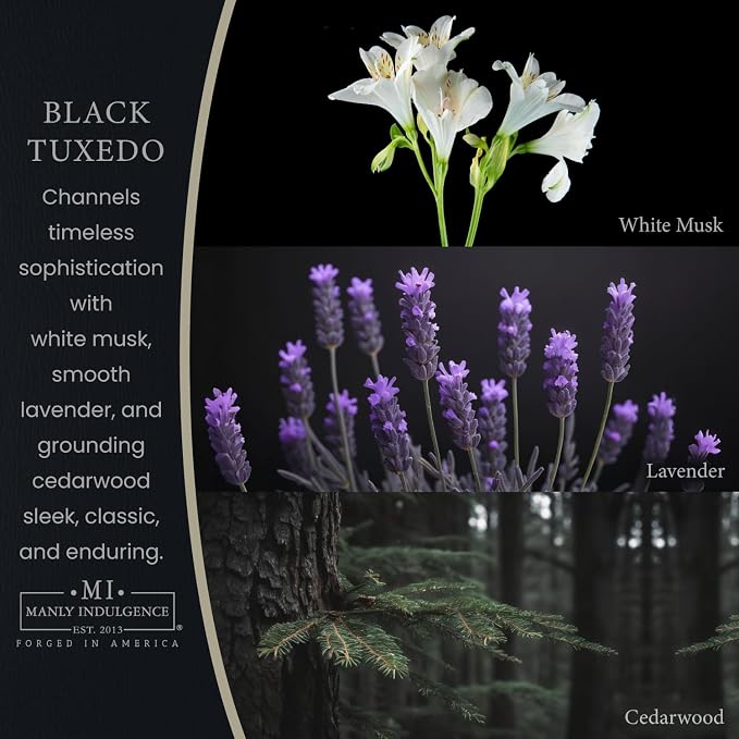 Manly Indulgence Black Tuxedo Candles for Men, 2 Wick, 16.5 oz, Premium Soy Blend Wax, 60H Burn, Candles for Home Scented - Made in The USA