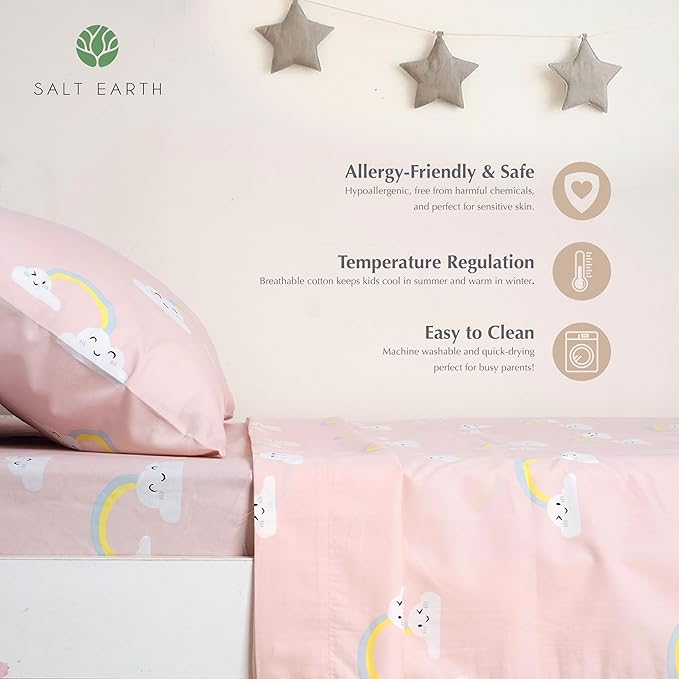 Salt Earth 100% Cotton 210TC Kids Bedsheet, Twin Fitted Sheet, Toddler Bed, 4-Piece Set – 2 Fitted Sheets & 2 Pillowcases, Themed Toddler Bed Sheets, Cute Kids Bedding (Unicorn/Rainbow)