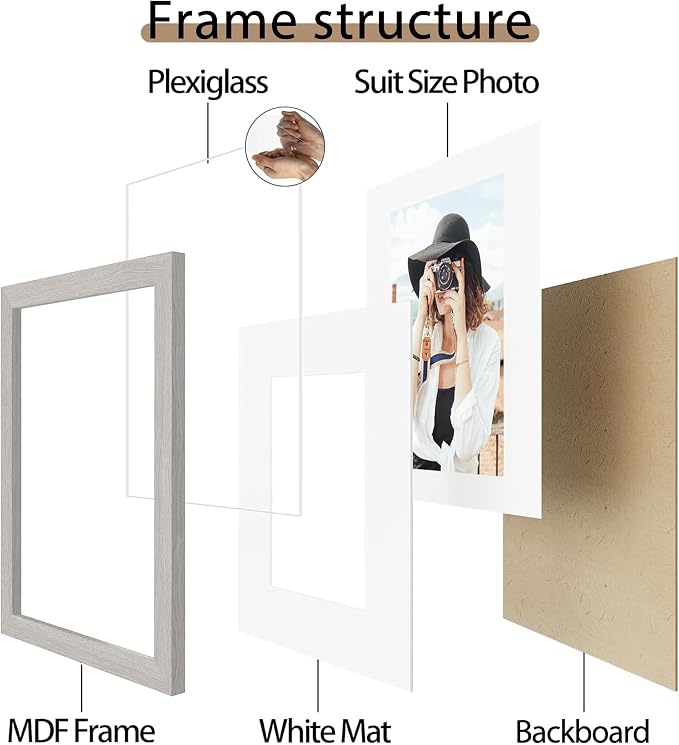 Picrit 12x16 Picture Frame Set of 12, Display 8.5x11 with Mat or 12x16 without Mat, Photo Frames for Wall Mounting Display, Gray