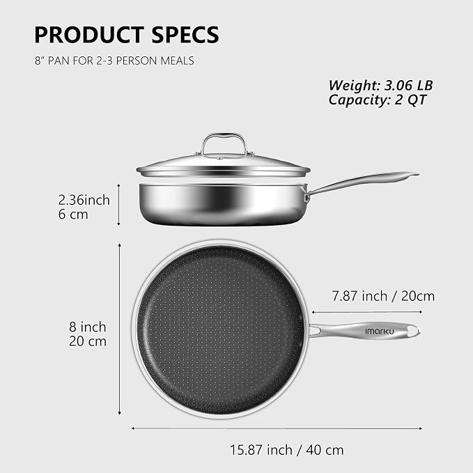 imarku 8-Inch Non Stick Frying Pan with Lid, 2-Quart Skillet for Omelette | Stainless Steel Saute Pan with Ceramic Coating, Oven & Dishwasher Safe, Induction Compatible Cookware, PFOA Free