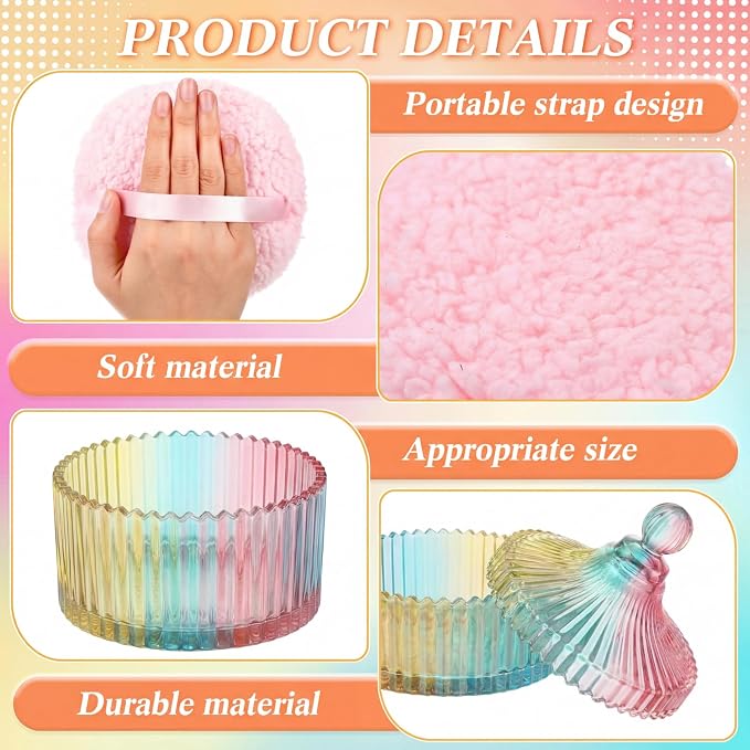 Extra Large Body Powder Puff and Container, 5.5'' Crystal Container with 5.3'' Oversize Dust Powder Puff Washable Reusable Face Body Glitter Wet Dry Makeup Gift(Colorful)