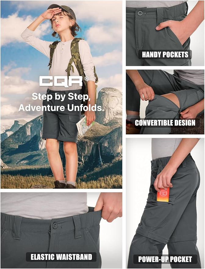CQR Kids Youth Hiking Cargo Pants, UPF 50+ Quick Dry Convertible Zip Off Pants, Outdoor Camping Pants