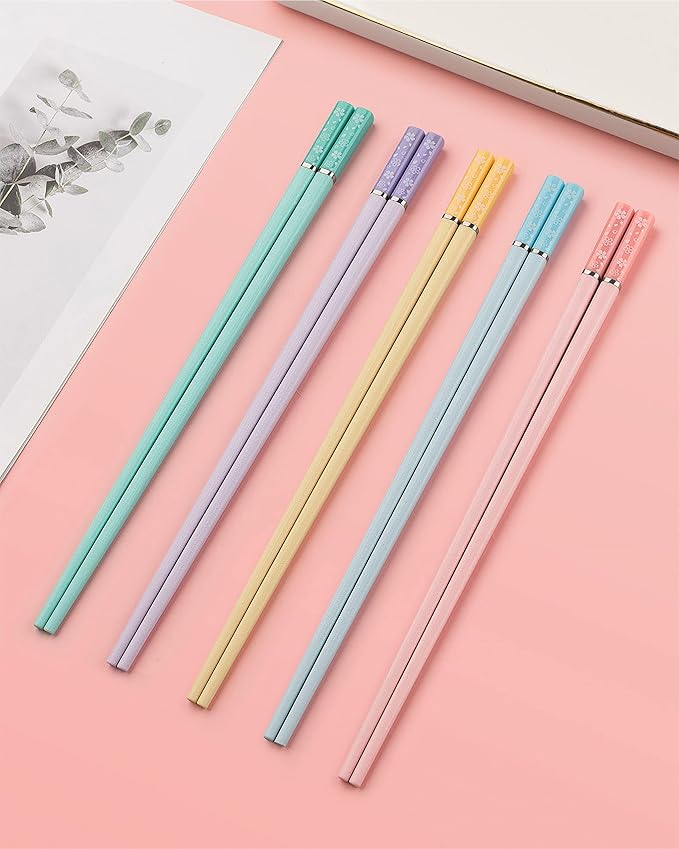5 Pairs Cherry Blossom Pattern Decoration Fiberglass Chopsticks Multicolor Chopsticks Japanese Korean Chopsticks Reusable Dishwasher Safe Yellow Pink Blue Green Purple Chopsticks